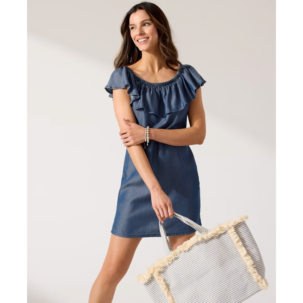 Tommy Bahama Chambray Coverup Dress Sz Medium Blue Ruffle Lightweight‎ Cute Chic